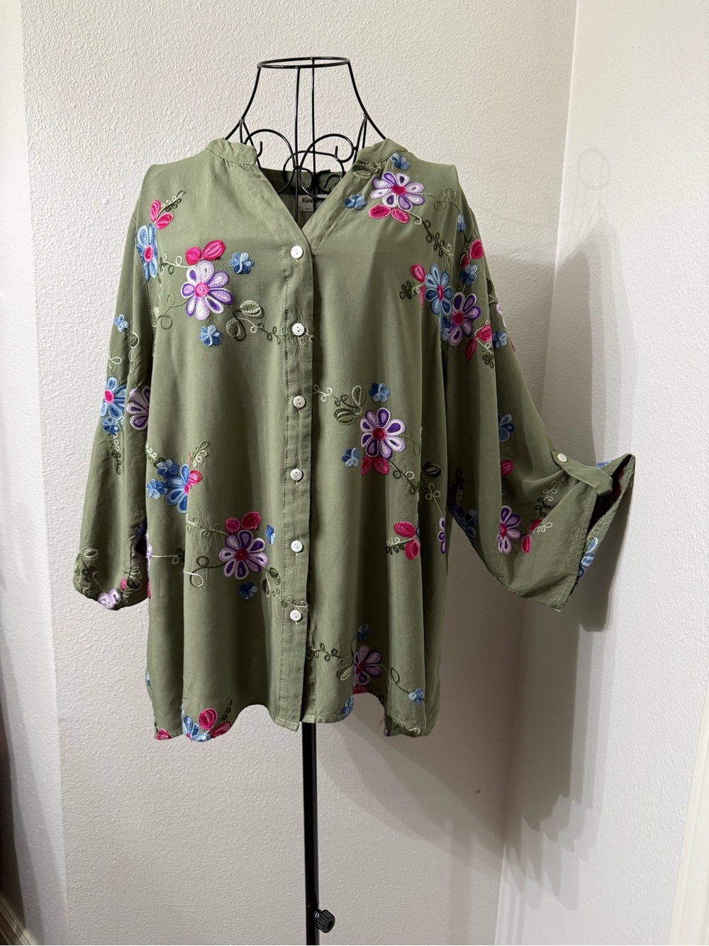 Kindred Anthropologie Green Embroidered Boho Peasant Blouse 3X